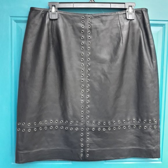 Genuine Leather Skirt Metal Studded Grommet Biker Chick Goth Vintage Fully Lined - Picture 5 of 11